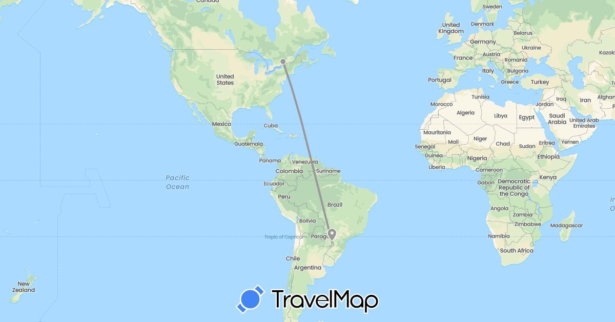 TravelMap itinerary: driving, plane in Brazil, Canada (North America, South America)
